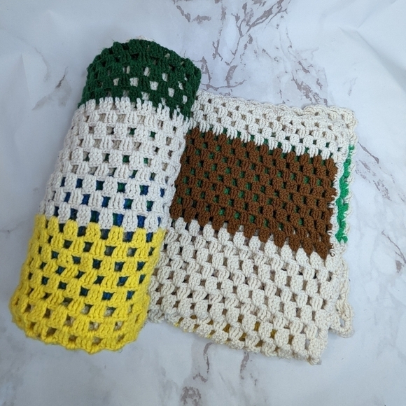 Vintage Crochet Blanket Throw Afghan Retro Brown Yellow Cream Blue Boho Stripe - Picture 1 of 13